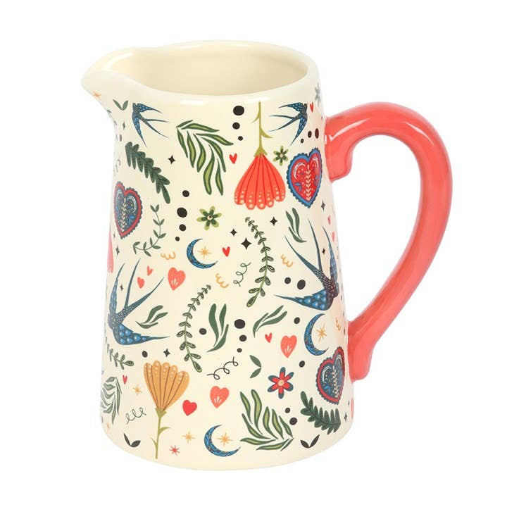 Pichet Fleur en Céramique à Motif Crème Folk
