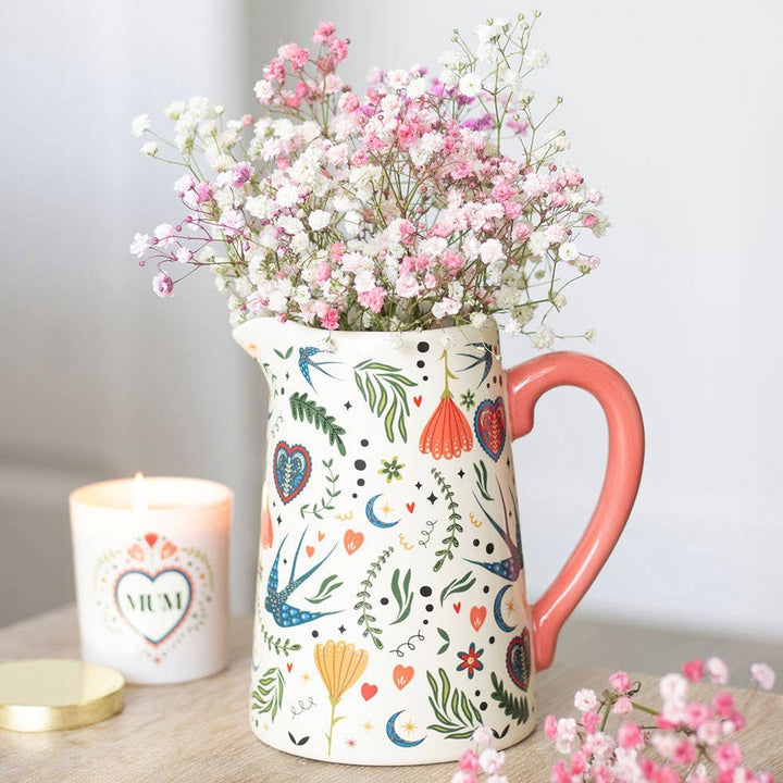 Pichet Fleur en Céramique à Motif Crème Folk