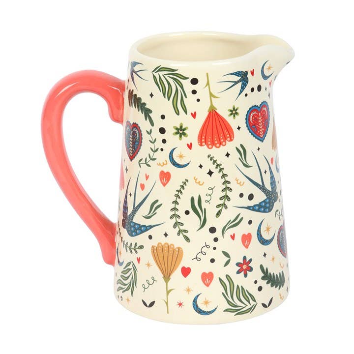 Pichet Fleur en Céramique à Motif Crème Folk