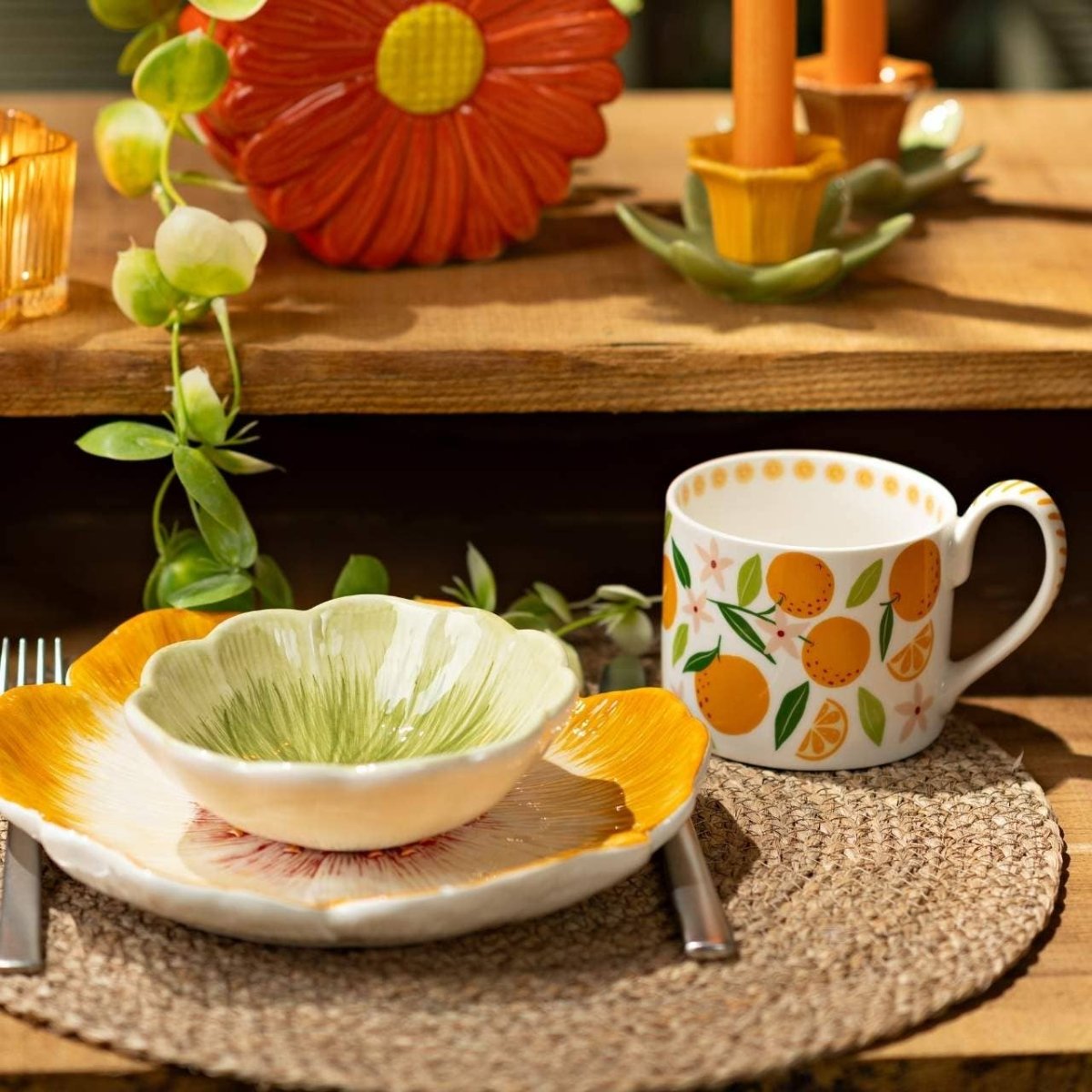 Tasse décor citron/orange en porcelaine, 2 pièces, jaune/orange (L/H/P) 13x9x10cm 400ml - Beautiful Moment the shop